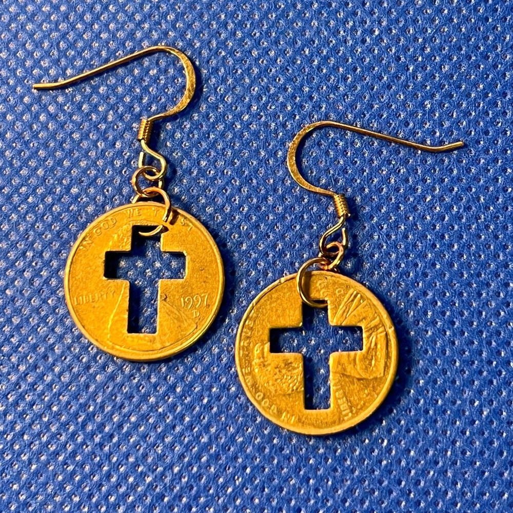 Copper Cross Penny French Hook Pierced Earrings